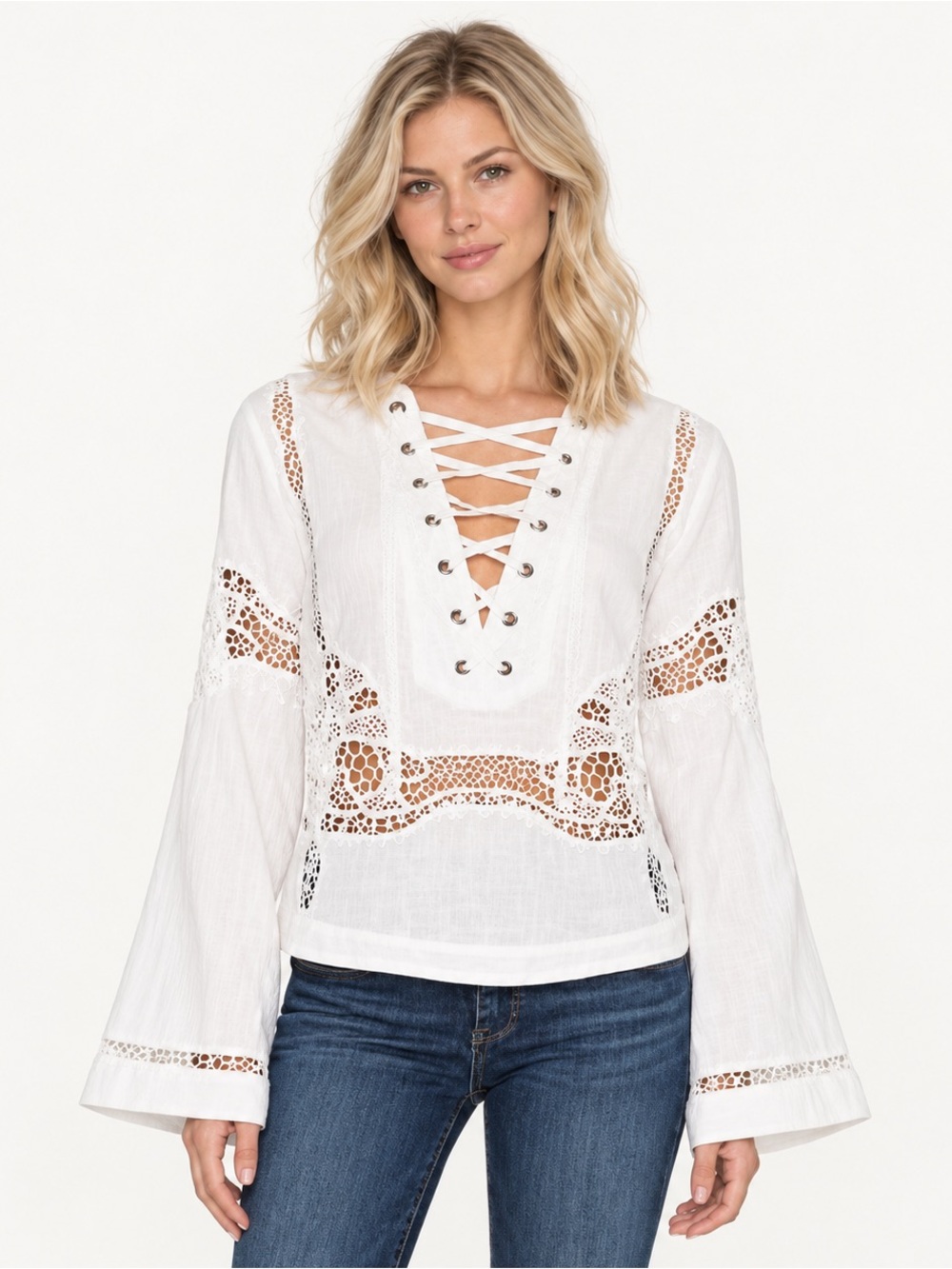 Free People Bittersweet Lace Up Top in White Peasant Blouse S boho